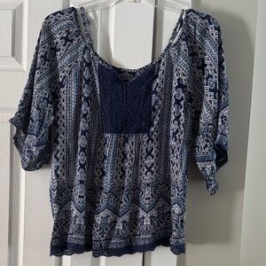 Angie Navy and White Geometric Blouse